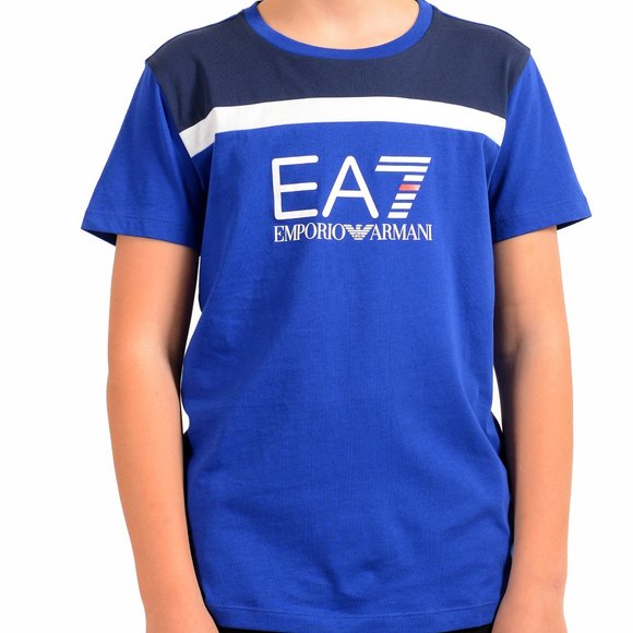 Emporio Armani EA7 Boys Bright Blue Short Sleeve Logo Print Crewneck T-Shirt - Picture 1 of 7